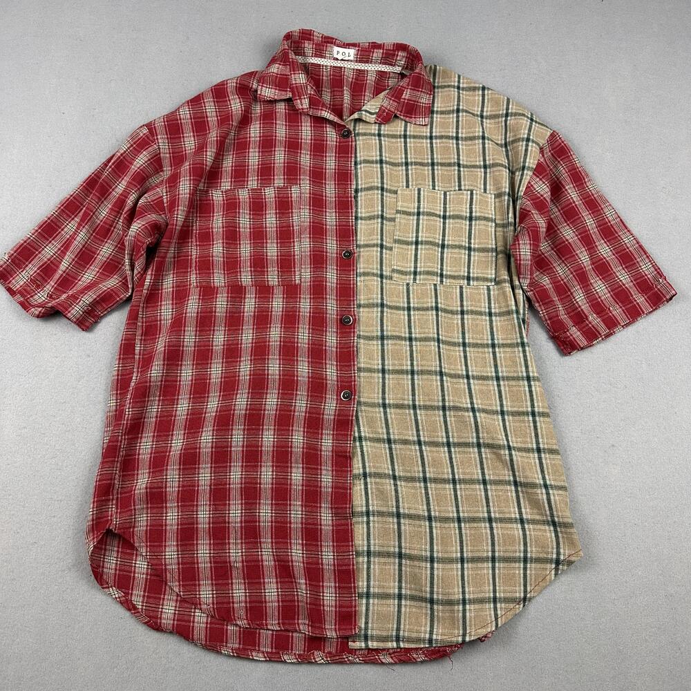 POL Shirt Women S/M Red Beige Plaid Button Up Tunic Colorblock Pockets Cotton